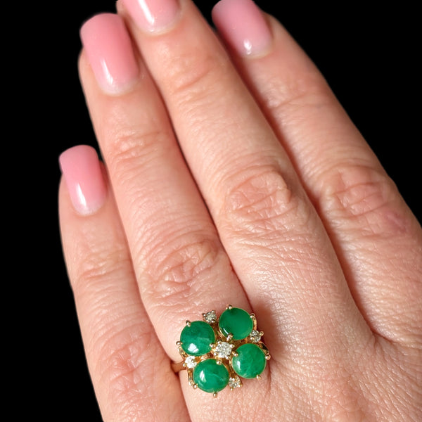 Vintage Diamond Jade Flower Cocktail Ring 14k Yellow Gold Retro Estate Gift 