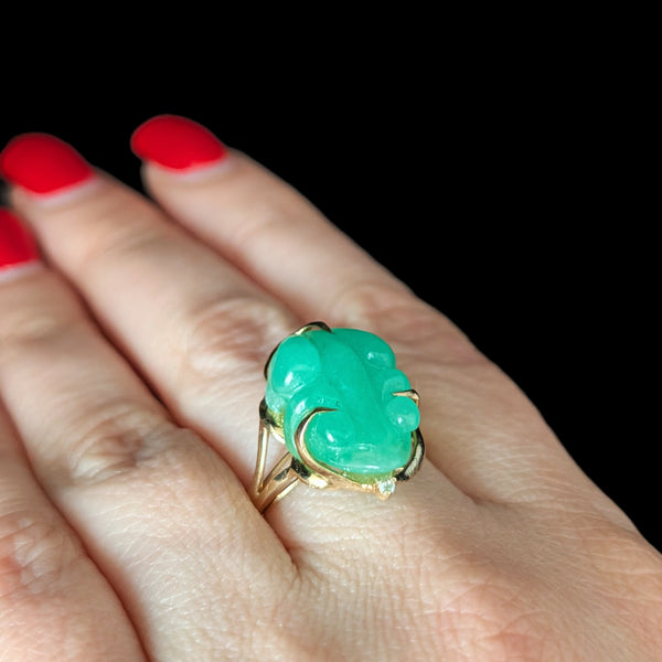 Vintage Diamond Jade Frog Cocktail Ring 14k Yellow Gold Retro Estate Gift