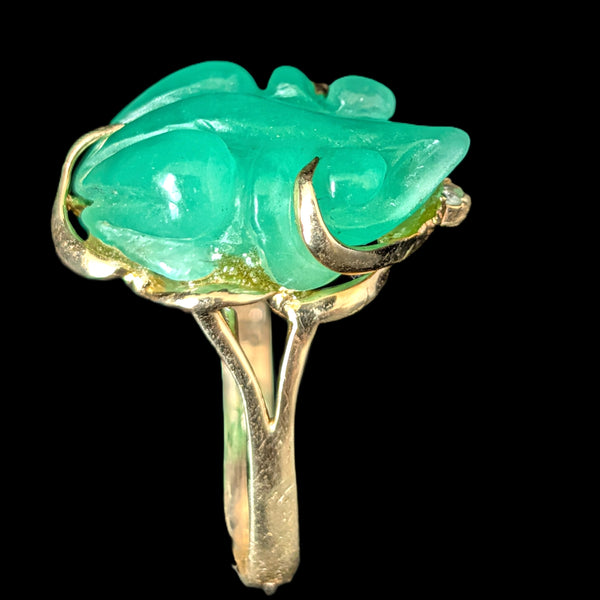 Vintage Diamond Jade Frog Cocktail Ring 14k Yellow Gold Retro Estate Gift
