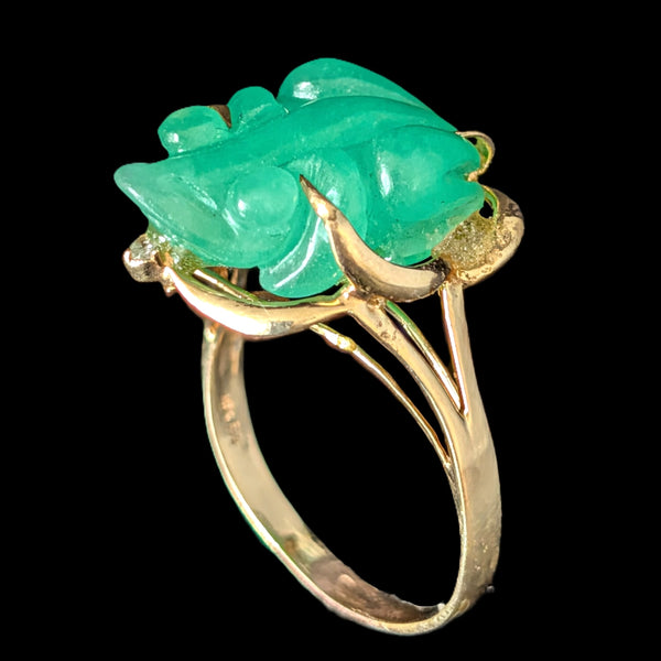 Vintage Diamond Jade Frog Cocktail Ring 14k Yellow Gold Retro Estate Gift