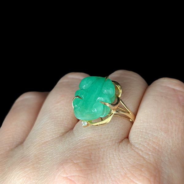 Vintage Diamond Jade Frog Cocktail Ring 14k Yellow Gold Retro Estate Gift