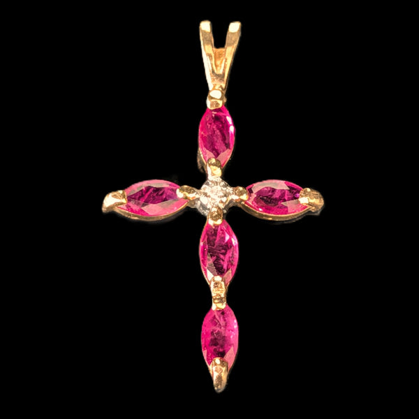 Vintage Diamond Rubies 14k Yellow Gold Cross Marquise Cut Estate Gift Christian
