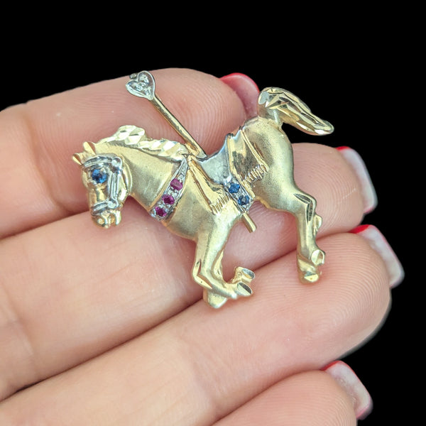 Vintage Diamond Ruby Sapphire 14k Gold Carousel Horse Pendant Brooch Convertible