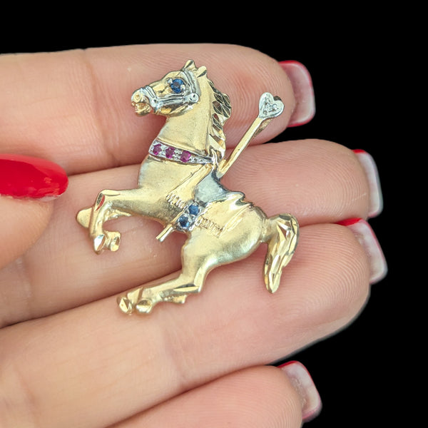 Vintage Diamond Ruby Sapphire 14k Gold Carousel Horse Pendant Brooch Convertible