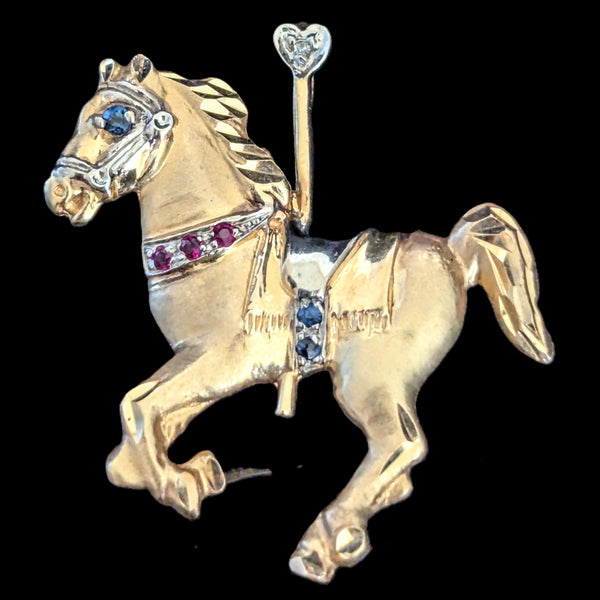 Vintage Diamond Ruby Sapphire 14k Gold Carousel Horse Pendant Brooch Convertible