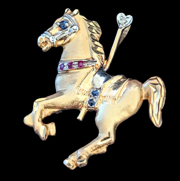 Vintage Diamond Ruby Sapphire 14k Gold Carousel Horse Pendant Brooch Convertible