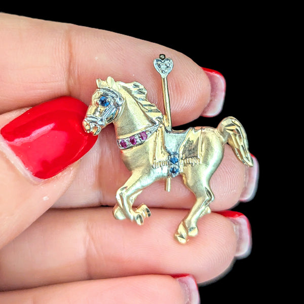 Vintage Diamond Ruby Sapphire 14k Gold Carousel Horse Pendant Brooch Convertible