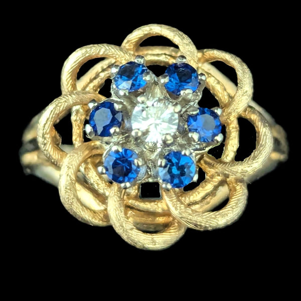 Vintage Diamond Gemstones 14k Yellow Gold Ring Floral Statement Retro Estate