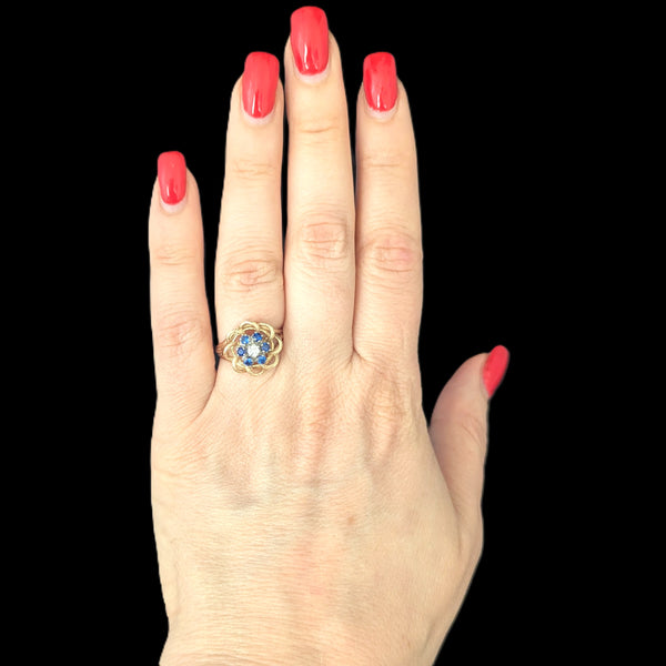 Vintage Diamond Gemstones 14k Yellow Gold Ring Floral Statement Retro Estate