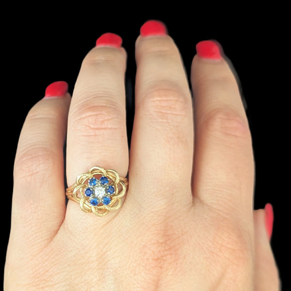 Vintage Diamond Gemstones 14k Yellow Gold Ring Floral Statement Retro Estate