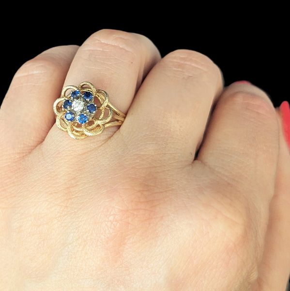 Vintage Diamond Gemstones 14k Yellow Gold Ring Floral Statement Retro Estate