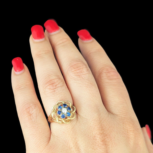 Vintage Diamond Gemstones 14k Yellow Gold Ring Floral Statement Retro Estate