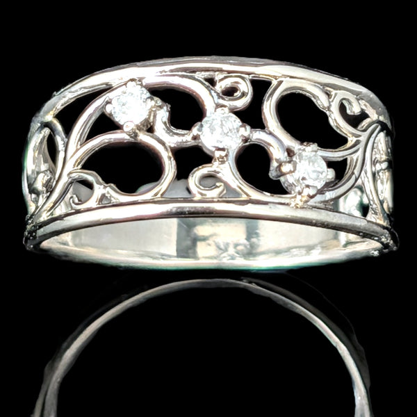 Vintage Diamonds 10k White Gold Figural Scrollwork Band Ring Estate Retro Gift
