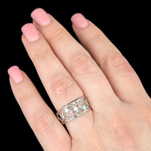 Vintage Diamonds 10k White Gold Figural Scrollwork Band Ring Estate Retro Gift