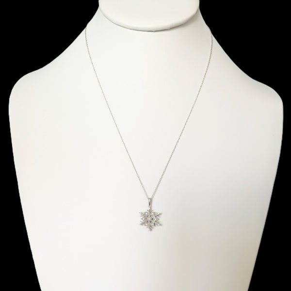 Vintage Diamonds 10k White Gold Snowflake Pendant on Chain Necklace Estate Jewel