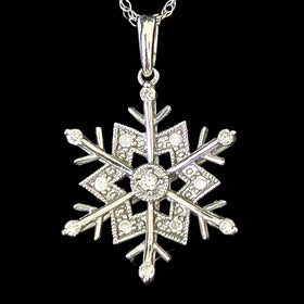 Vintage Diamonds 10k White Gold Snowflake Pendant on Chain Necklace Estate Jewel