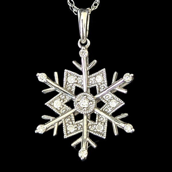 Vintage Diamonds 10k White Gold Snowflake Pendant on Chain Necklace Estate Jewel