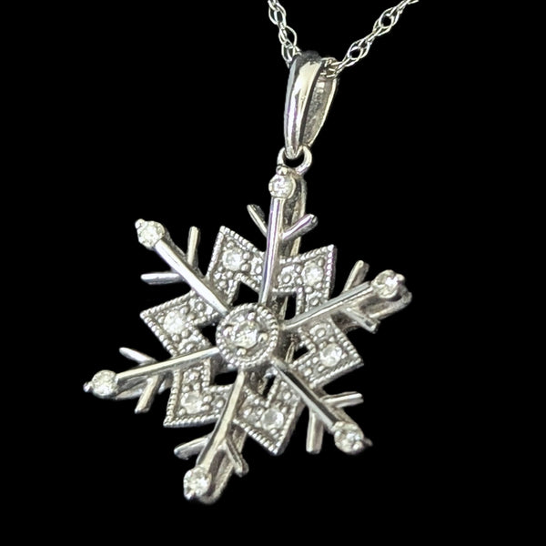 Vintage Diamonds 10k White Gold Snowflake Pendant on Chain Necklace Estate Jewel