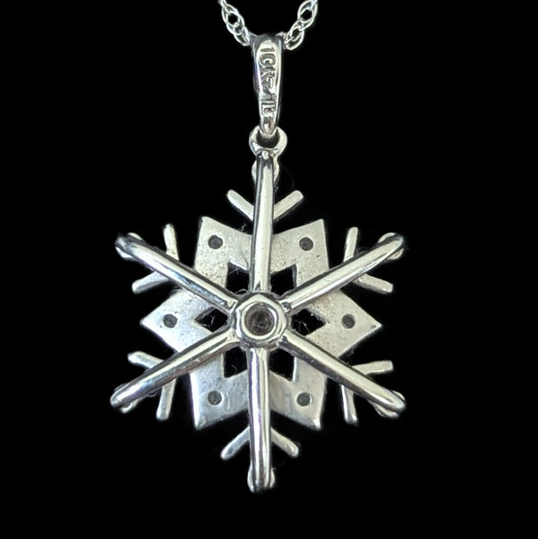 Vintage Diamonds 10k White Gold Snowflake Pendant on Chain Necklace Estate Jewel