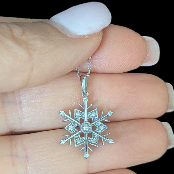 Vintage Diamonds 10k White Gold Snowflake Pendant on Chain Necklace Estate Jewel