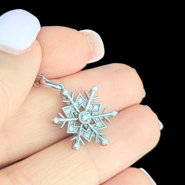 Vintage Diamonds 10k White Gold Snowflake Pendant on Chain Necklace Estate Jewel