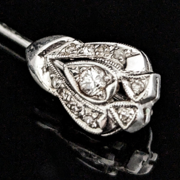 Vintage Diamonds 10k White Gold Stick Pin Estate Retro Lapel Shield Shape
