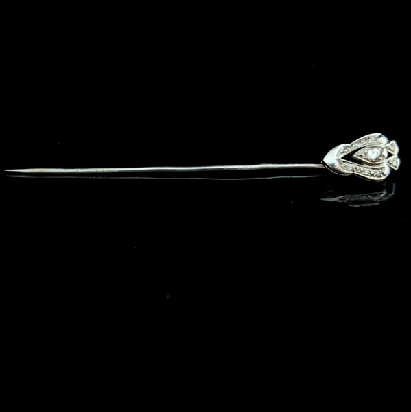 Vintage Diamonds 10k White Gold Stick Pin Estate Retro Lapel Shield Shape