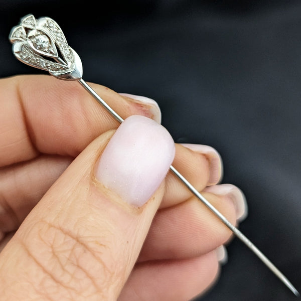 Vintage Diamonds 10k White Gold Stick Pin Estate Retro Lapel Shield Shape