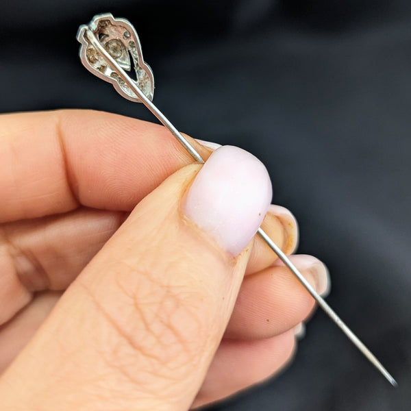 Vintage Diamonds 10k White Gold Stick Pin Estate Retro Lapel Shield Shape