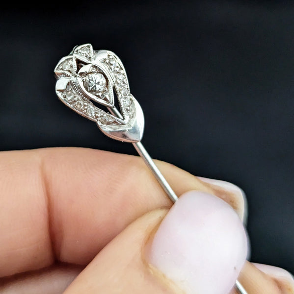 Vintage Diamonds 10k White Gold Stick Pin Estate Retro Lapel Shield Shape