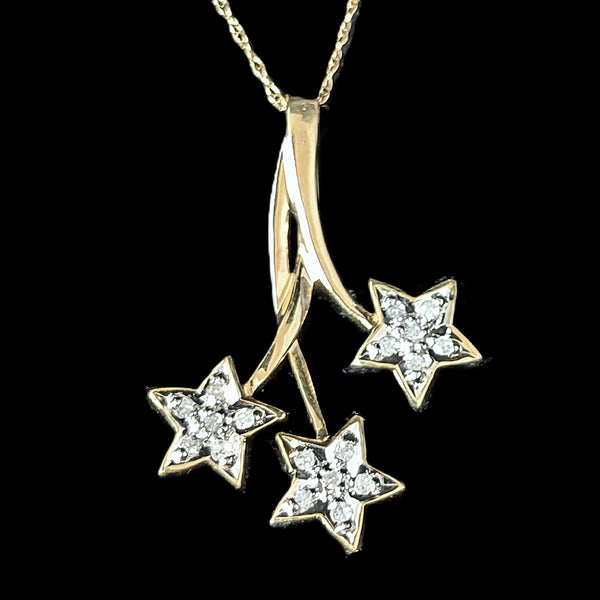 Vintage Diamonds 10k Yellow Gold Three Star Necklace Pendant Chain Estate Gift