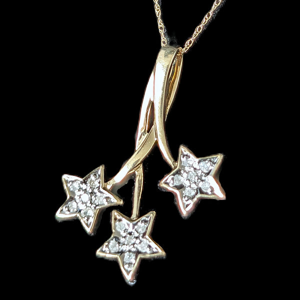 Vintage Diamonds 10k Yellow Gold Three Star Necklace Pendant Chain Estate Gift