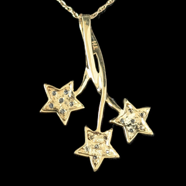 Vintage Diamonds 10k Yellow Gold Three Star Necklace Pendant Chain Estate Gift