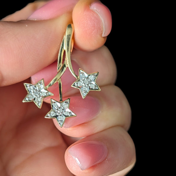 Vintage Diamonds 10k Yellow Gold Three Star Necklace Pendant Chain Estate Gift