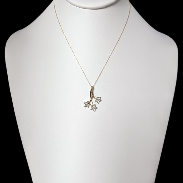 Vintage Diamonds 10k Yellow Gold Three Star Necklace Pendant Chain Estate Gift