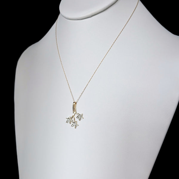 Vintage Diamonds 10k Yellow Gold Three Star Necklace Pendant Chain Estate Gift