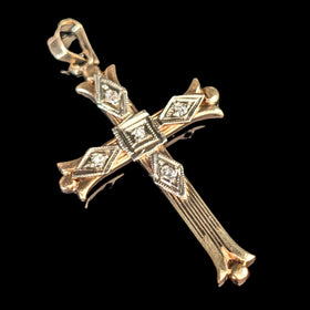 Vintage Diamonds 14k Multi Tone Gold Cross Pendant Retro Estate Gift Mid Century