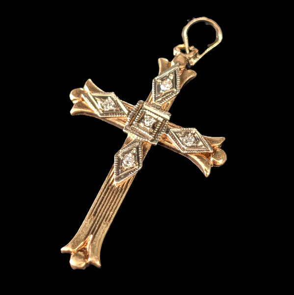 Vintage Diamonds 14k Multi Tone Gold Cross Pendant Retro Estate Gift Mid Century