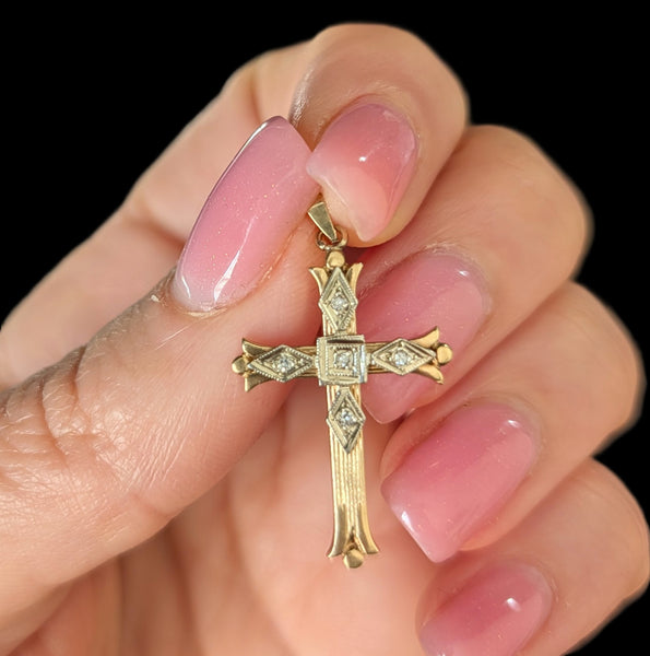 Vintage Diamonds 14k Multi Tone Gold Cross Pendant Retro Estate Gift Mid Century