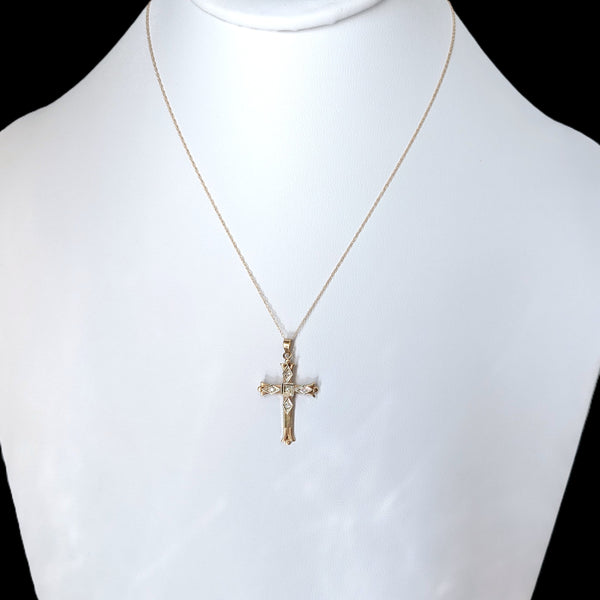 Vintage Diamonds 14k Multi Tone Gold Cross Pendant Retro Estate Gift Mid Century