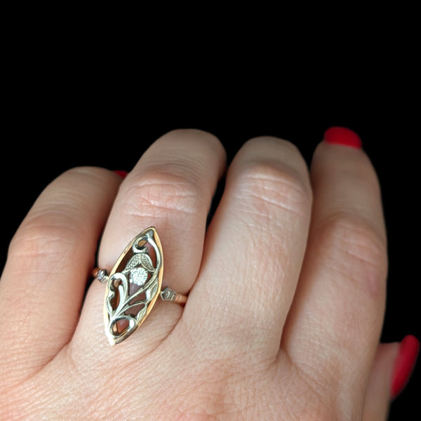 Vintage Diamonds 14k Multi Tone Gold Snowdrop Floral Navette Cocktail Ring Retro Soviet