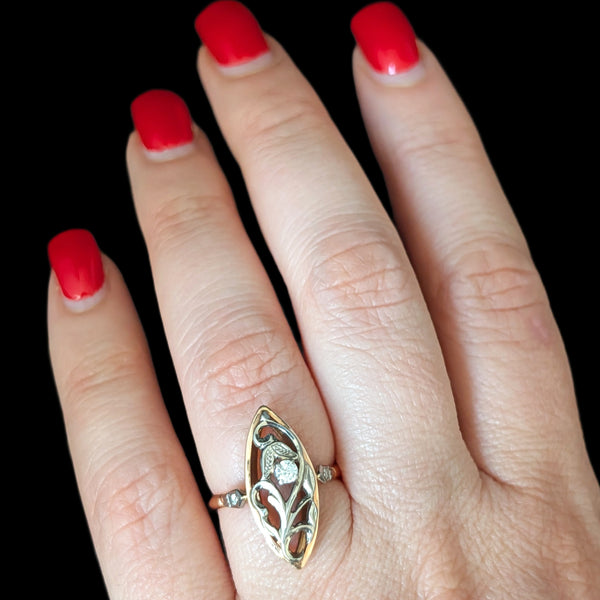 Vintage Diamonds 14k Multi Tone Gold Snowdrop Floral Navette Cocktail Ring Retro Soviet