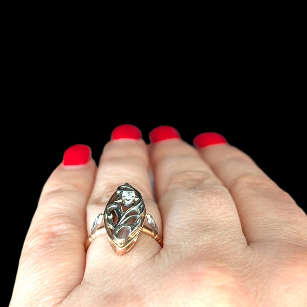 Vintage Diamonds 14k Multi Tone Gold Snowdrop Floral Navette Cocktail Ring Retro Soviet