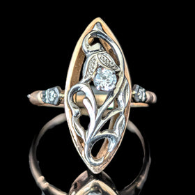 Vintage Diamonds 14k Multi Tone Gold Snowdrop Floral Navette Cocktail Ring Retro Soviet