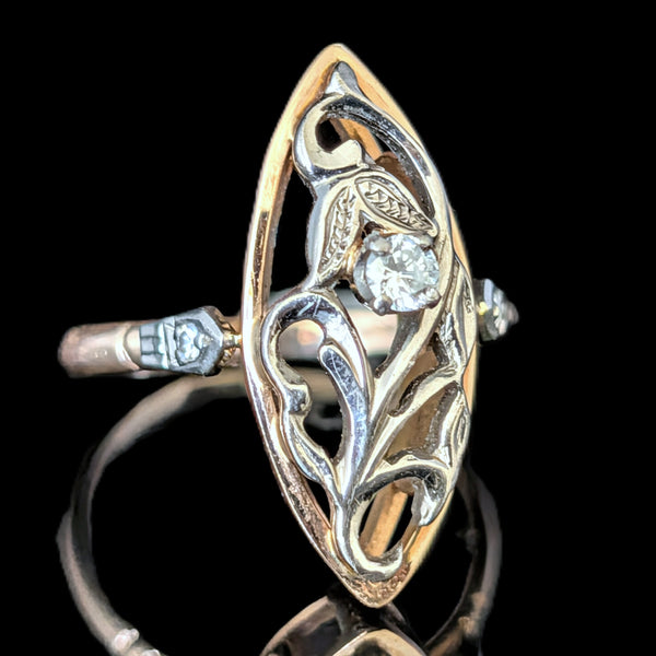 Vintage Diamonds 14k Multi Tone Gold Snowdrop Floral Navette Cocktail Ring Retro Soviet