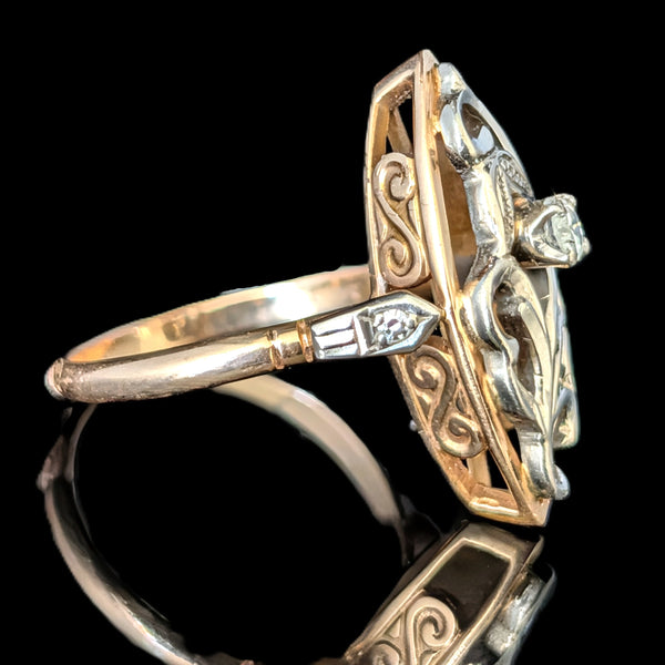 Vintage Diamonds 14k Multi Tone Gold Snowdrop Floral Navette Cocktail Ring Retro Soviet