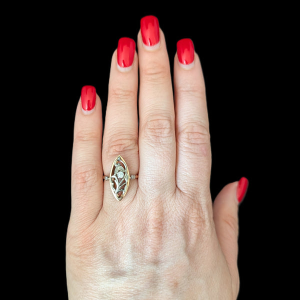 Vintage Diamonds 14k Multi Tone Gold Snowdrop Floral Navette Cocktail Ring Retro Soviet