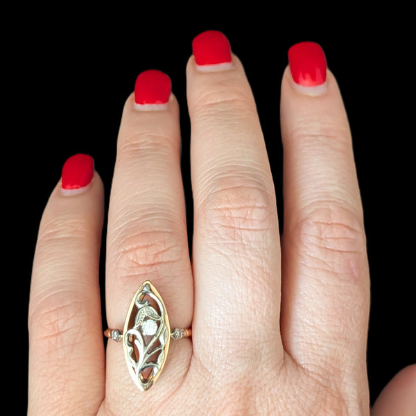 Vintage Diamonds 14k Multi Tone Gold Snowdrop Floral Navette Cocktail Ring Retro Soviet