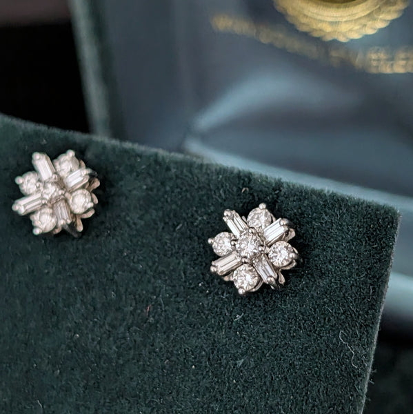 Vintage Diamonds 14k White Gold Baguette & Round Cut Stud Earrings Estate Gift