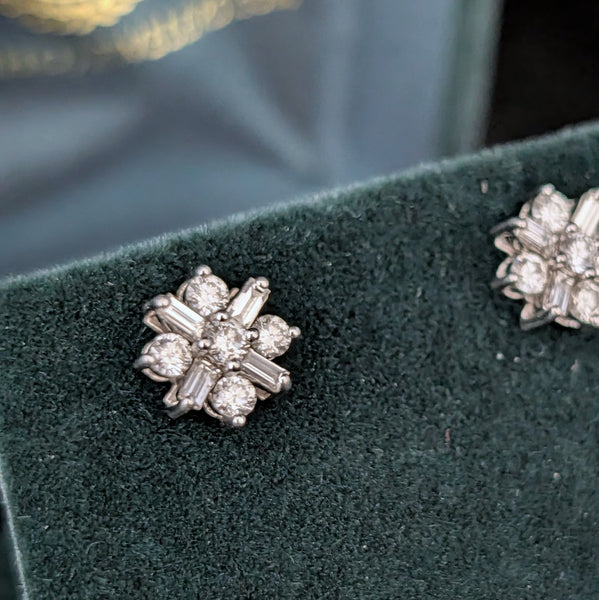 Vintage Diamonds 14k White Gold Baguette & Round Cut Stud Earrings Estate Gift
